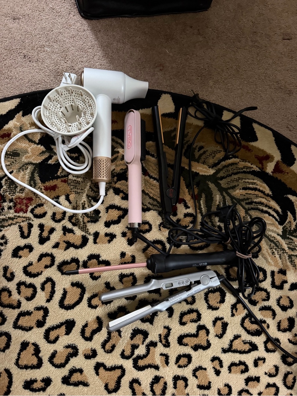 White Hair Dryer with Pink Mini Straightener and Assorted Styling Tools Tymo Chi